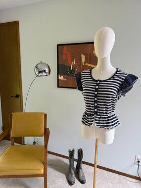 Vintage Blue White Striped Polka Dot Crochet Peplum Ruffle Sleeve Crop Top XS